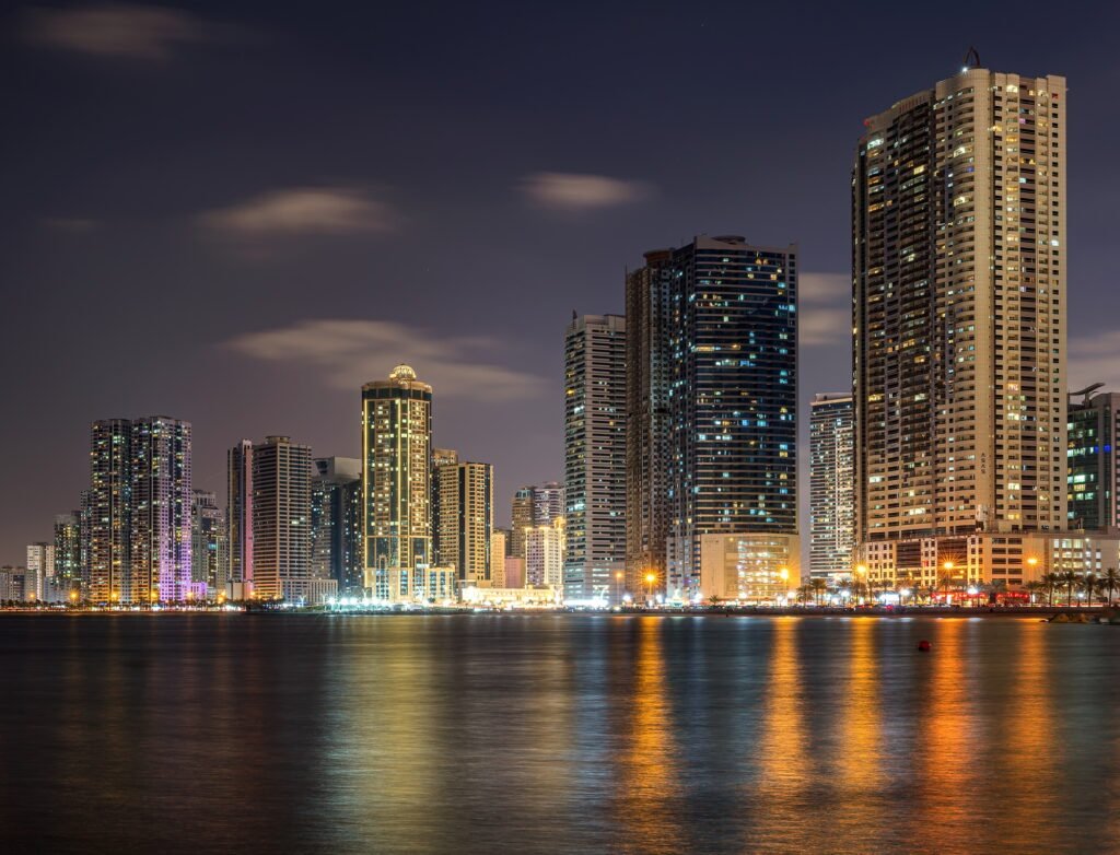 Skyscraper stands in the center of the sea in Sharjah, UAE